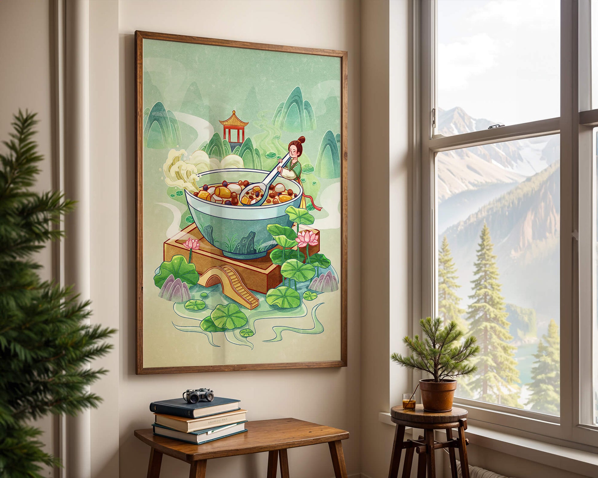 Illustration of a traditional Asian scene with large bowl and serene landscape