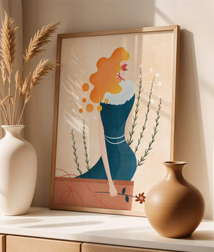 Woman with Floral Decor and Flowing Hair in Minimalist Art - Mi tienda