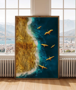 Golden beach landscape with vibrant ocean and flying seabirds