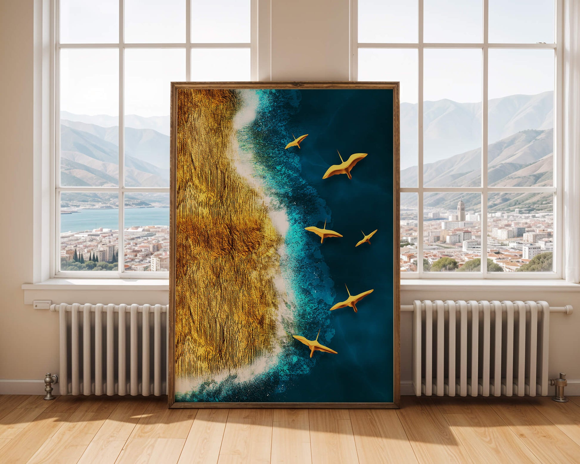 Golden beach landscape with vibrant ocean and flying seabirds
