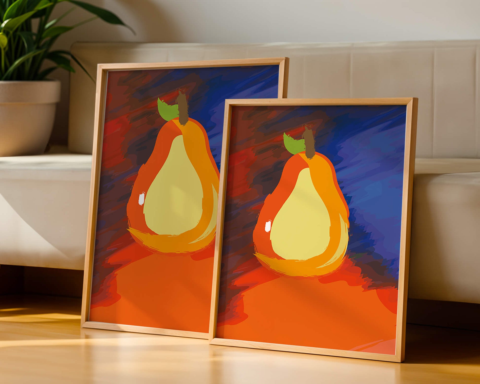 Pintura abstracta de una pera colorida sobre un fondo vibrante.