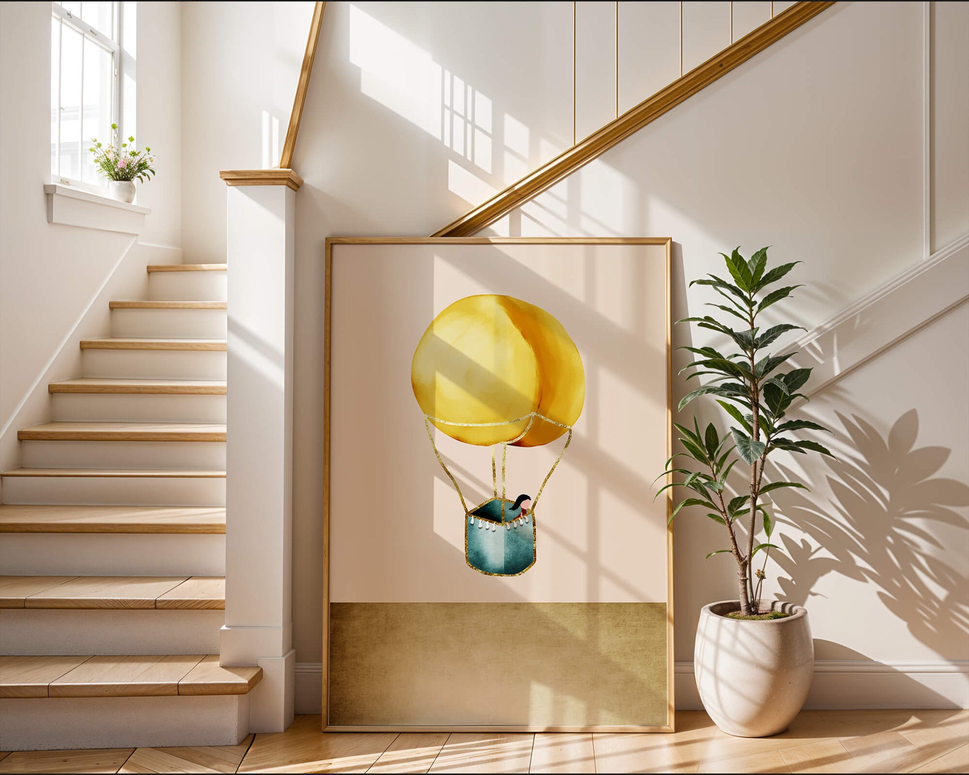 Charming Hot Air Balloon Illustration with Golden Accents