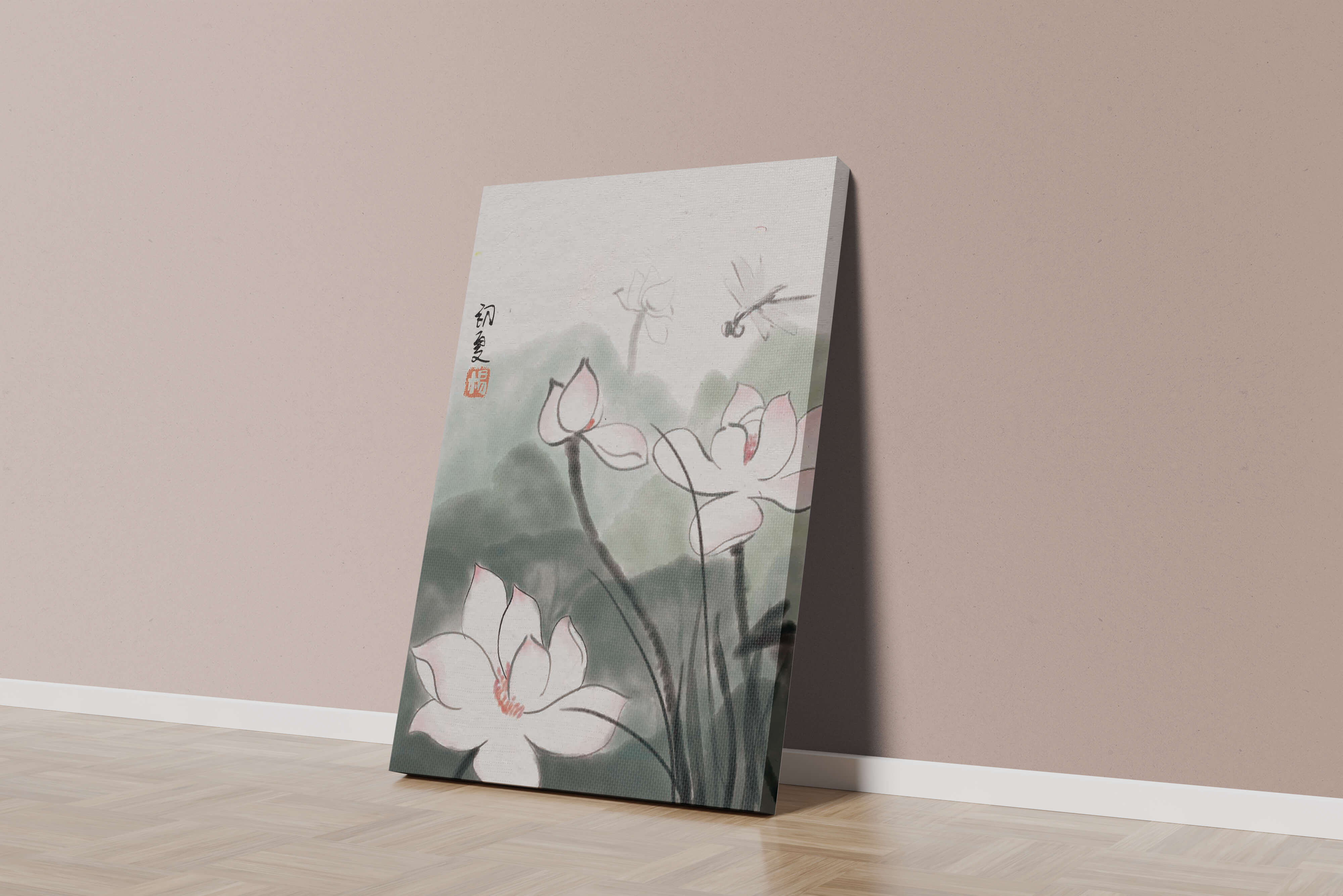 Delicate watercolor of lotus flowers with dragonfly in serene atmosphere