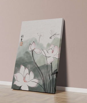 Delicate watercolor of lotus flowers with dragonfly in serene atmosphere