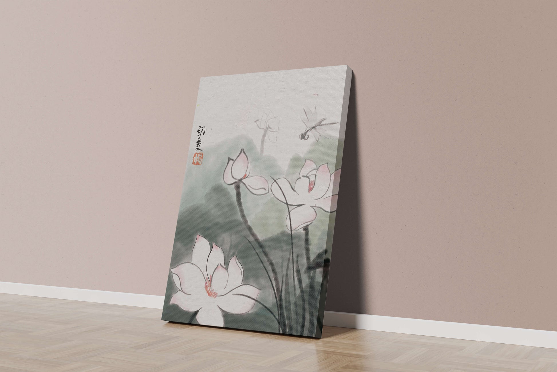 Delicate watercolor of lotus flowers with dragonfly in serene atmosphere