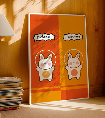 Adorable cartoon bunnies on vibrant orange and yellow background