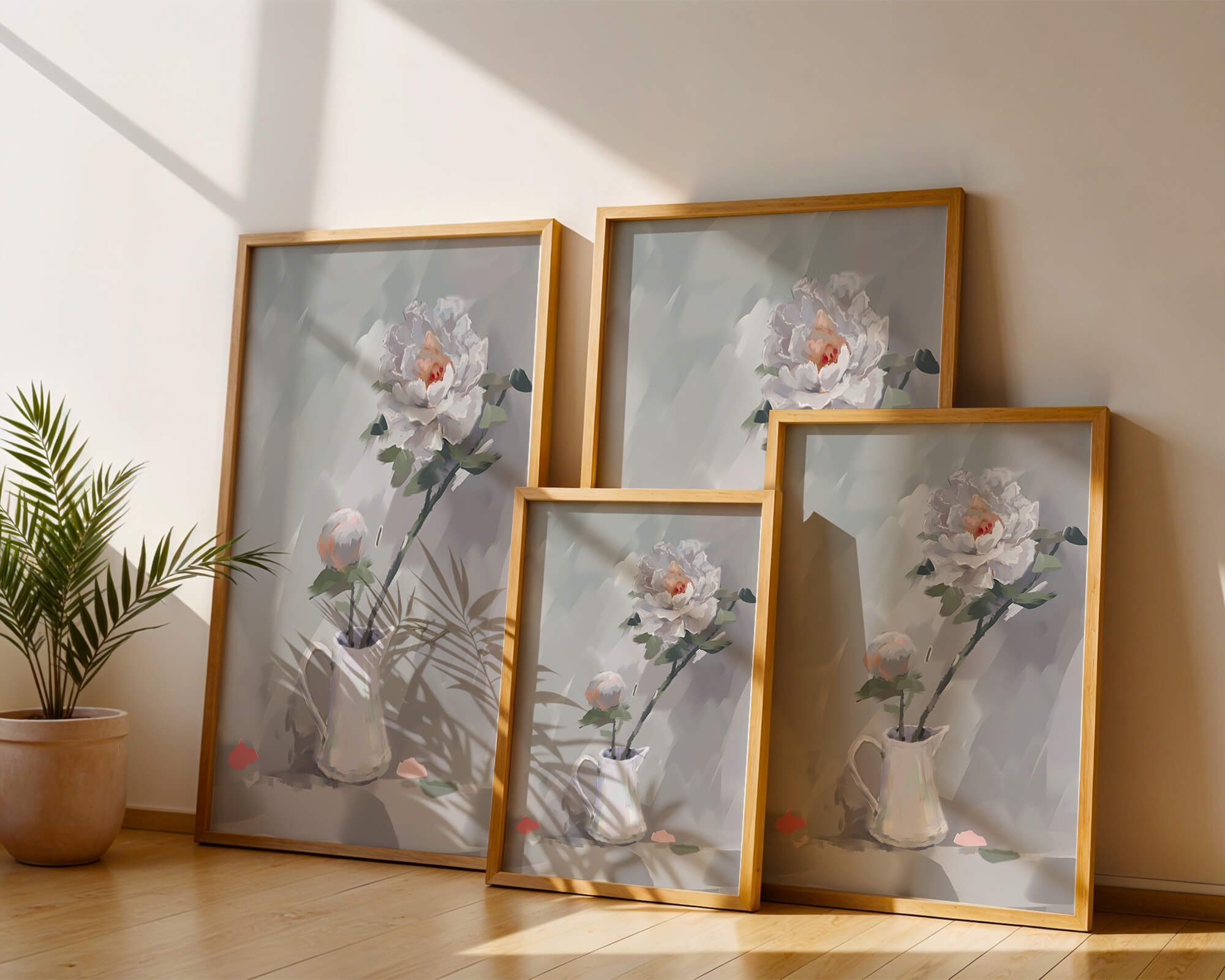 Elegant white peonies in a ceramic jug with soft pastel background