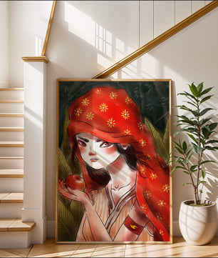 Illustration d'une fille en capuchon rouge tenant une pomme dans une forêt