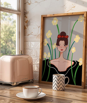Ilustración de una mujer con fondo floral y lazo rojo
