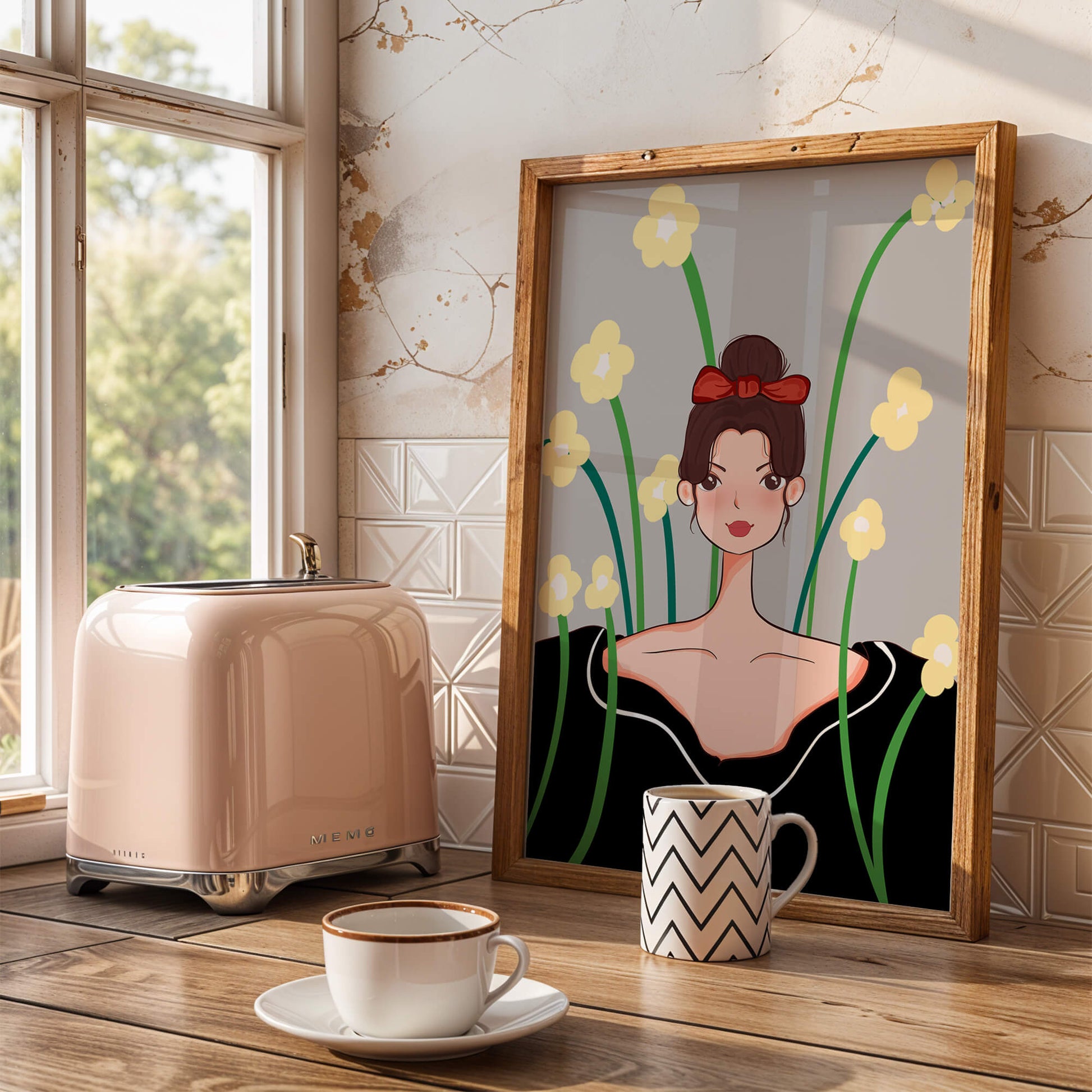 Illustration of a woman with floral background and red bow