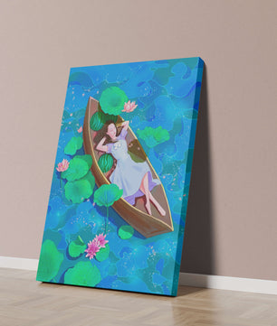 Serene illustration of a girl relaxing in a boat surrounded by lotus leaves and flowers