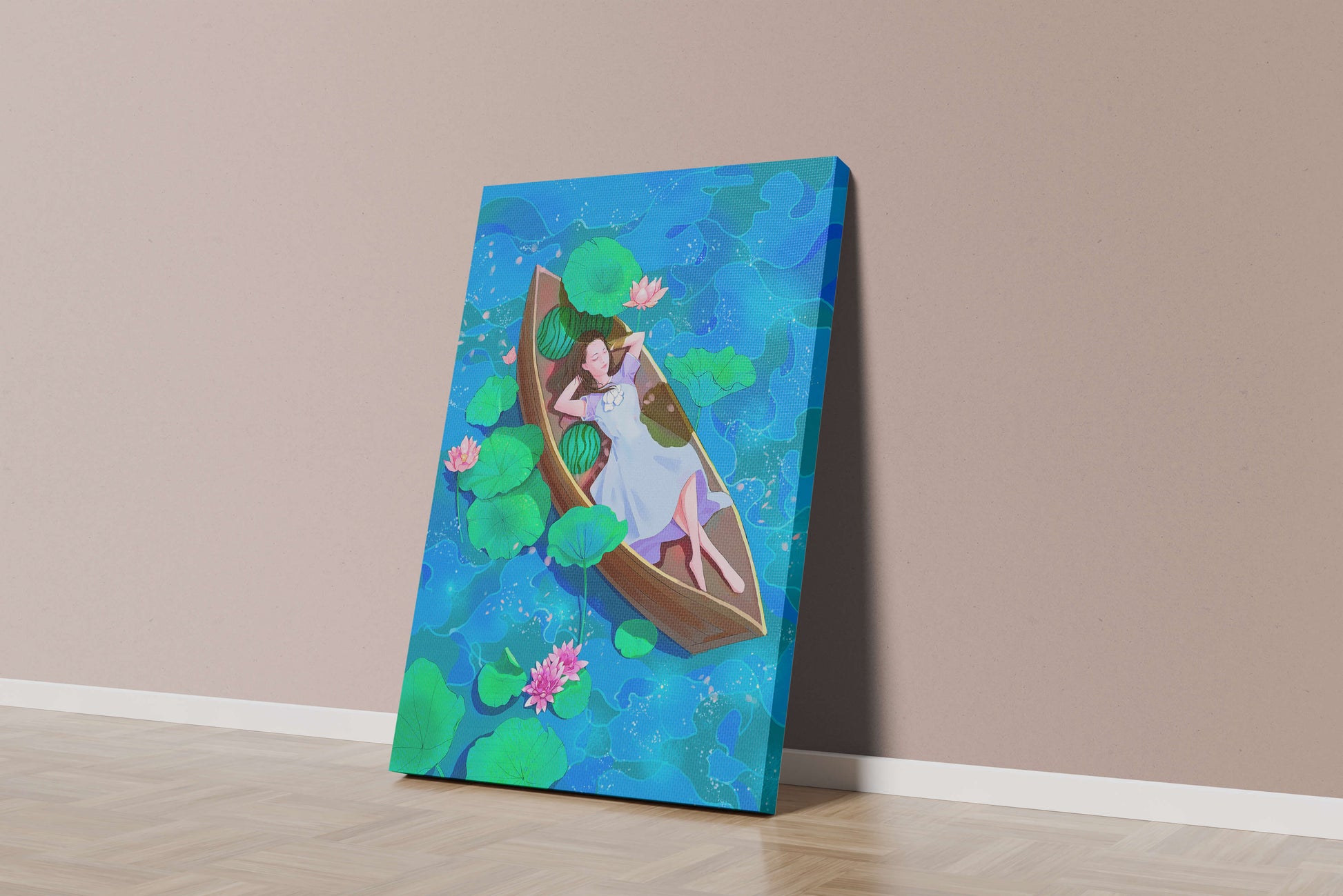 Serene illustration of a girl relaxing in a boat surrounded by lotus leaves and flowers