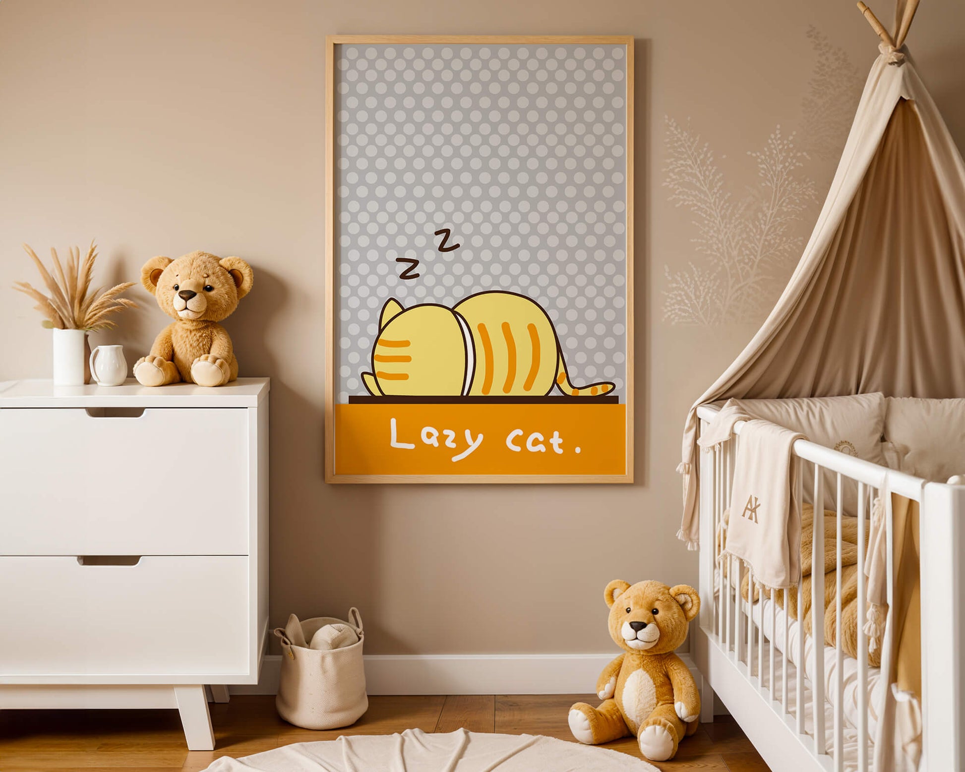 Sleeping cartoon cat with polka dot background