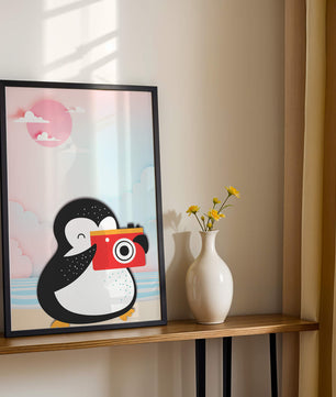 Whimsical penguin illustration with a camera on a pastel beach
