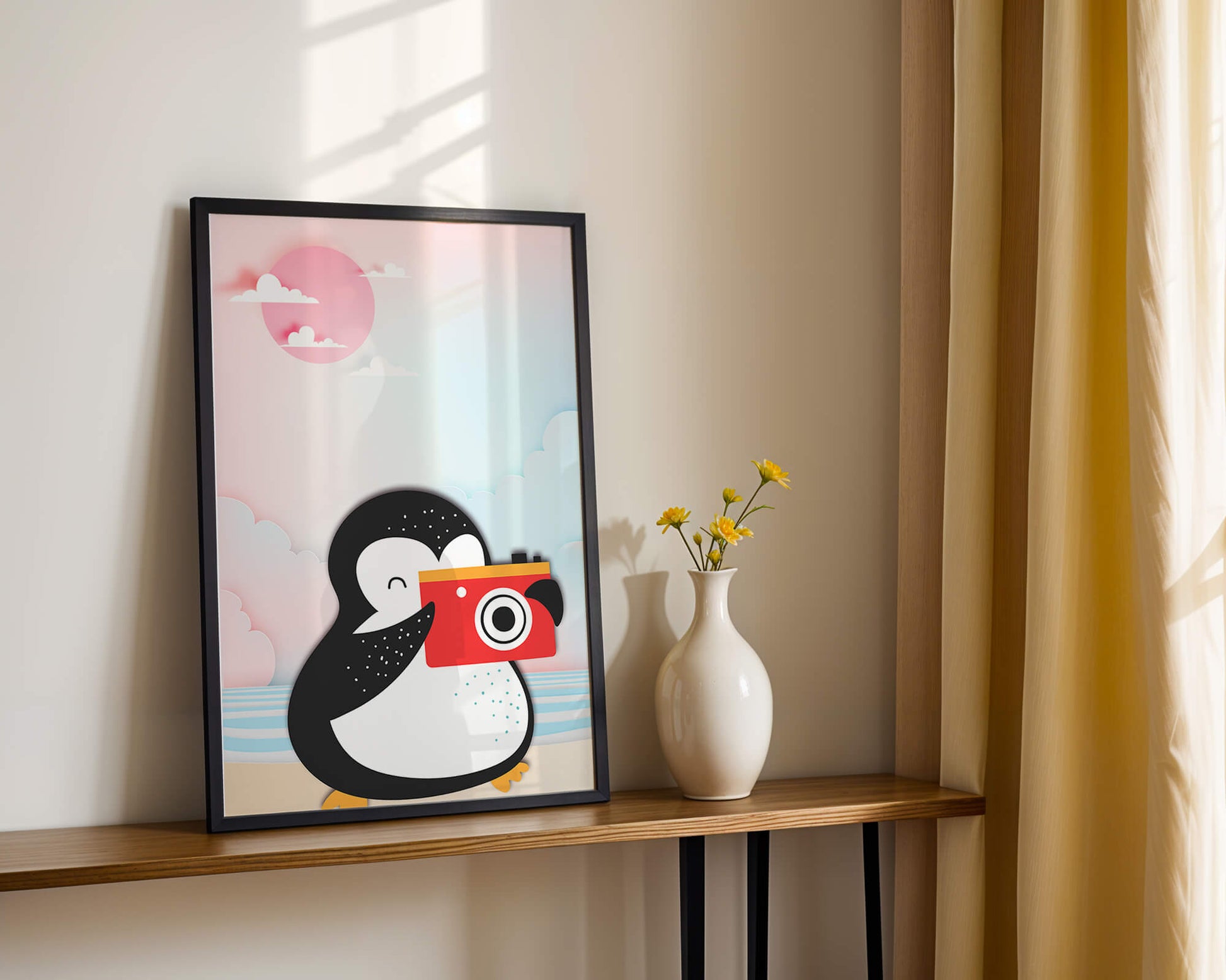 Whimsical penguin illustration with a camera on a pastel beach