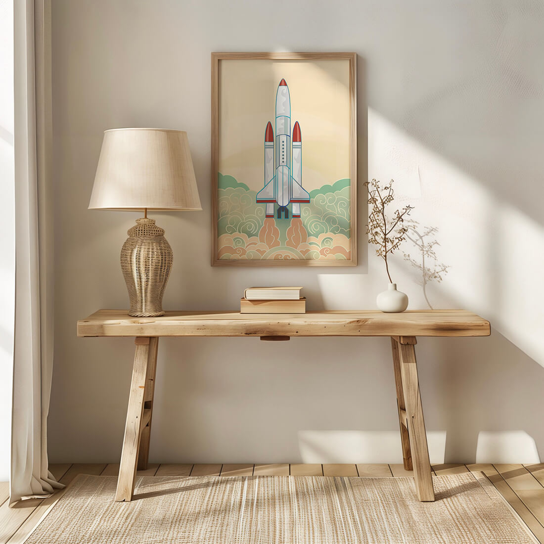 Colorful rocket launch from vintage-style clouds