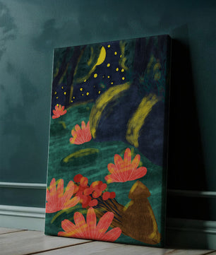 Mystical night garden with bright flowers and starlit sky