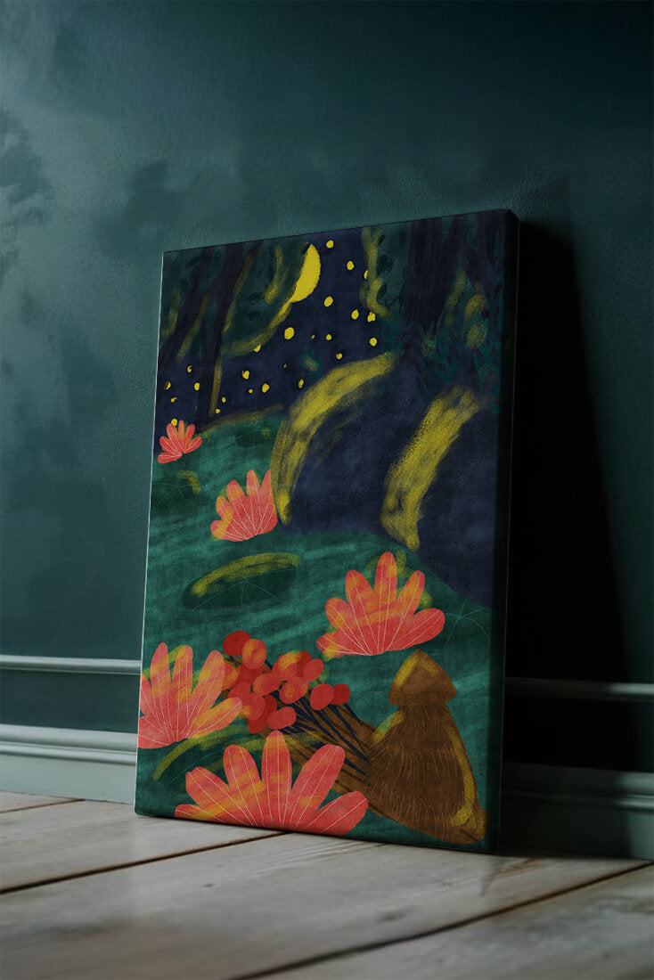 Mystical night garden with bright flowers and starlit sky