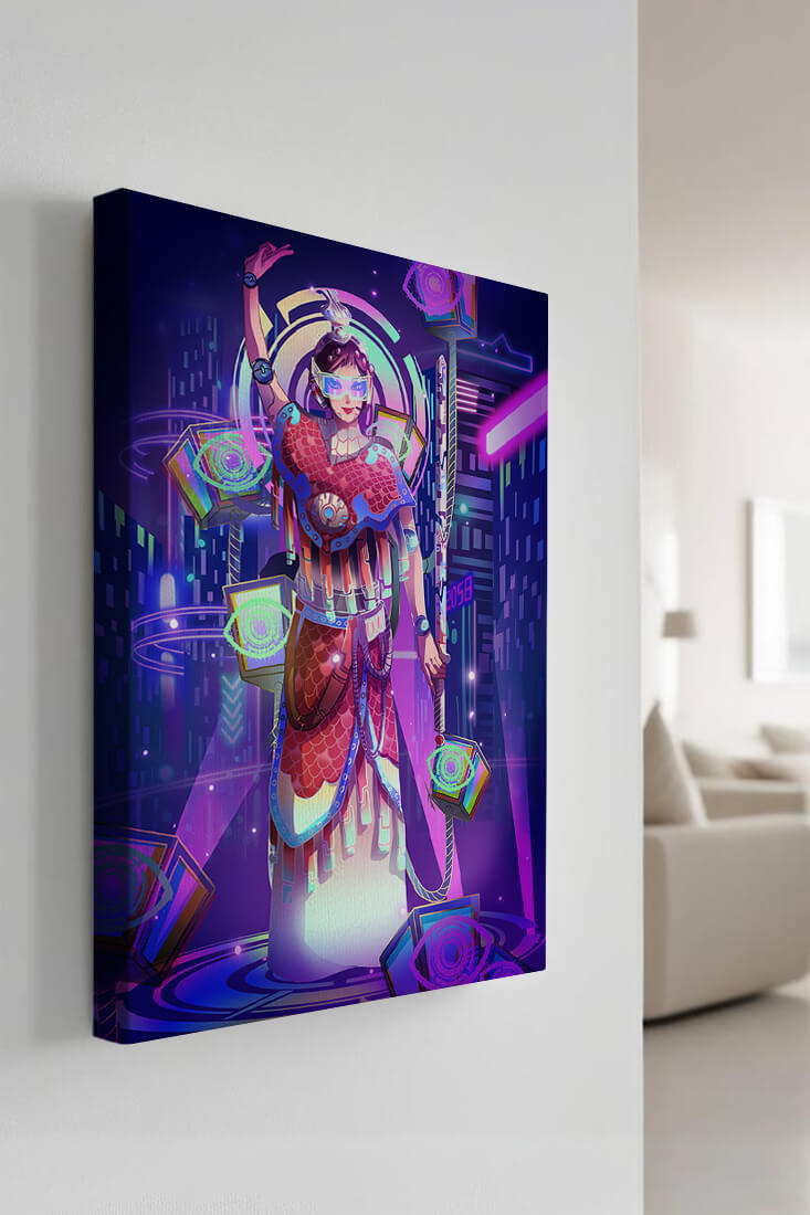 Futuristic warrior in vibrant neon cityscape with digital elements