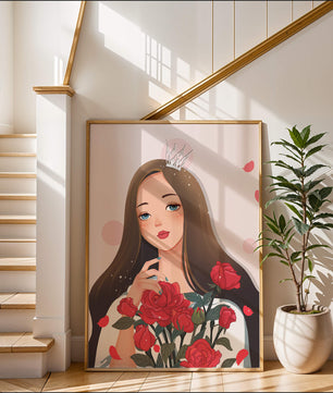 Illustration d'une fille animée avec une couronne et des roses
