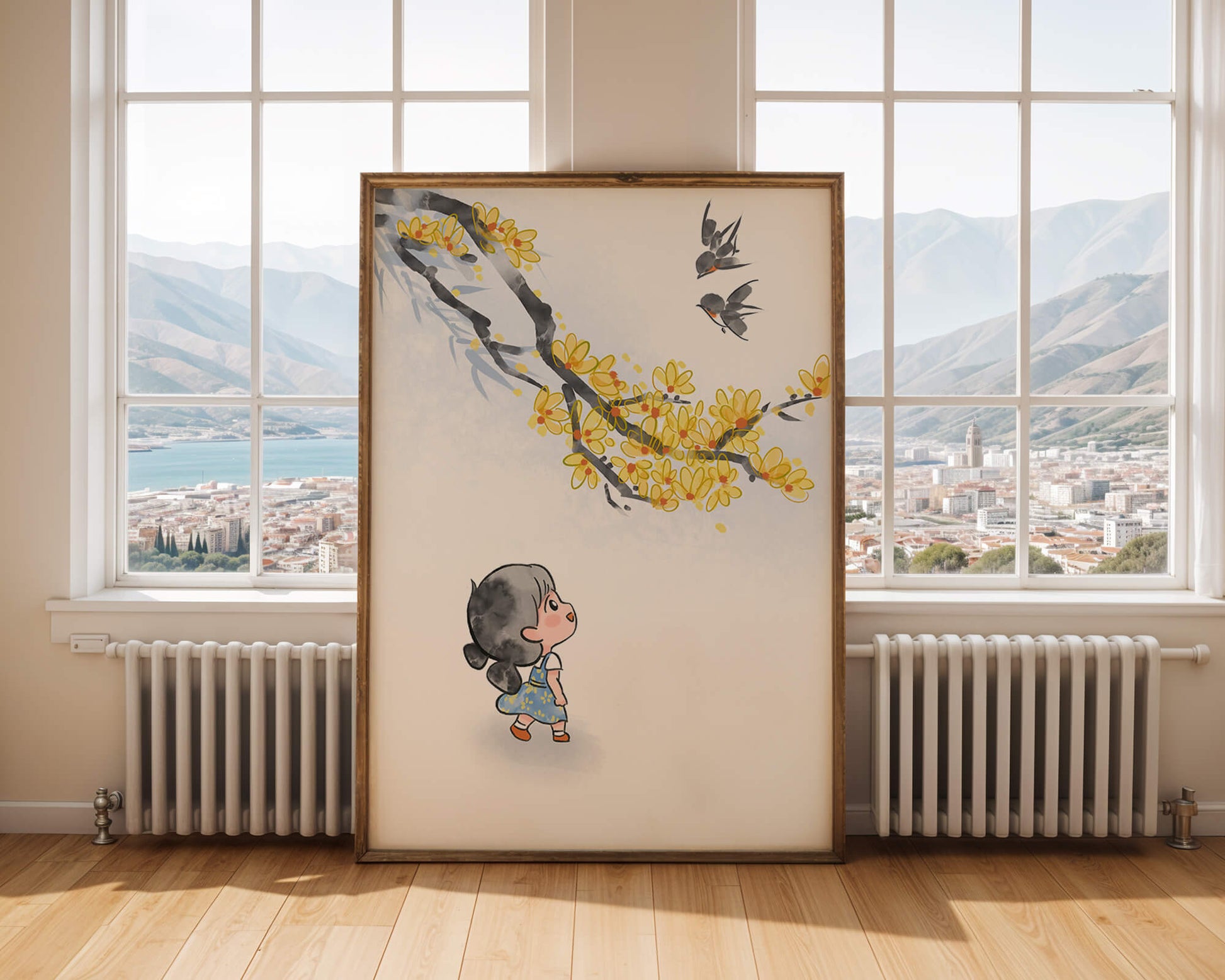 Charming illustration of a child gazing at birds and yellow blossoms