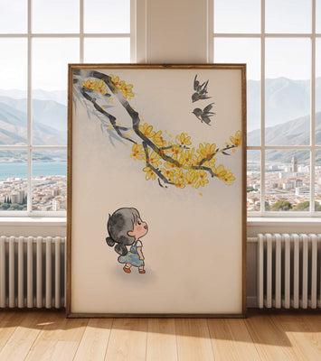 Charming illustration of a child gazing at birds and yellow blossoms