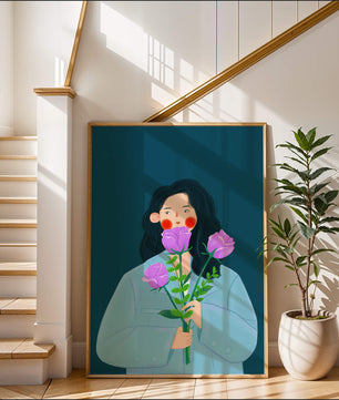 Illustration of a woman with purple flowers on a teal background