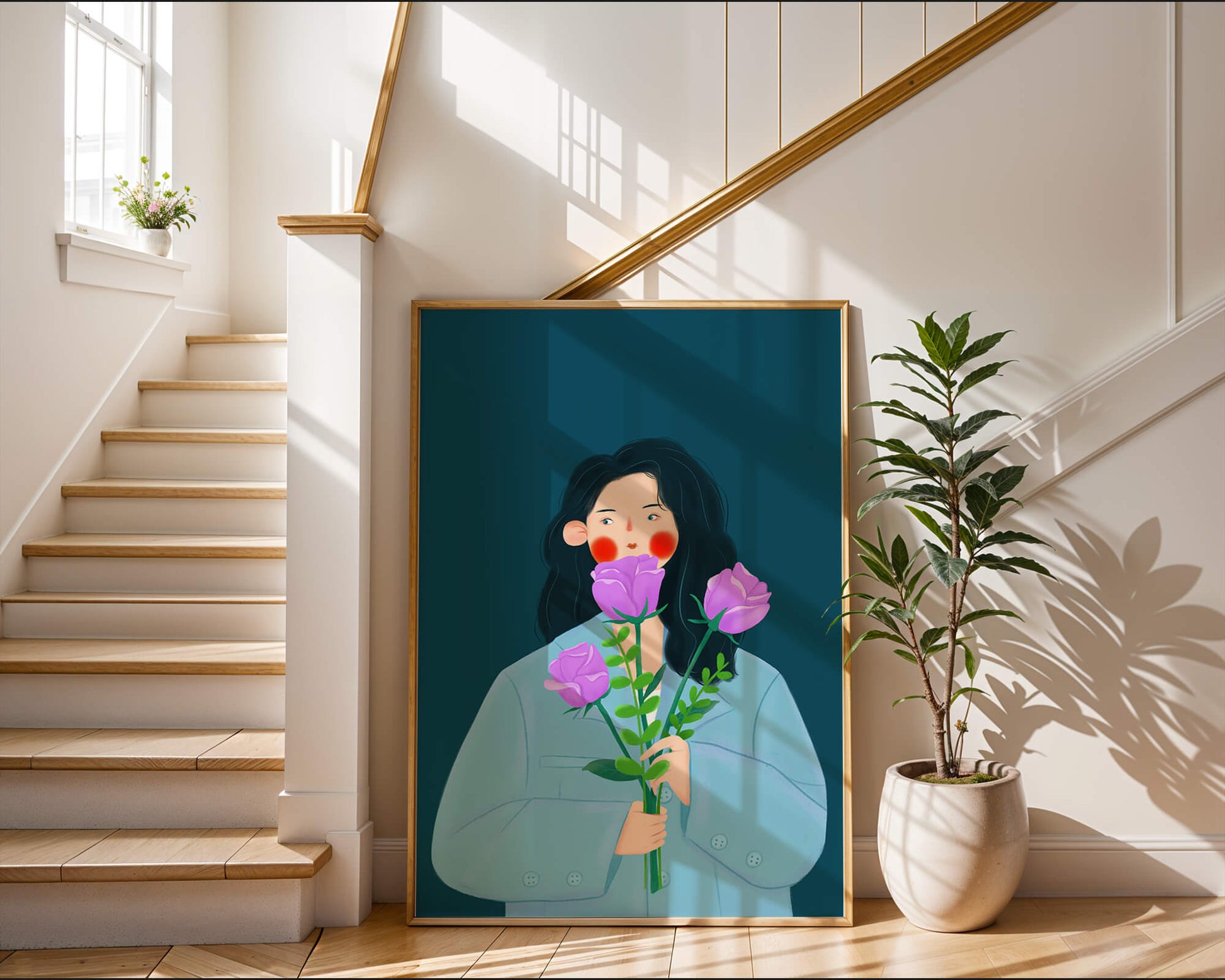 Illustration of a woman with purple flowers on a teal background