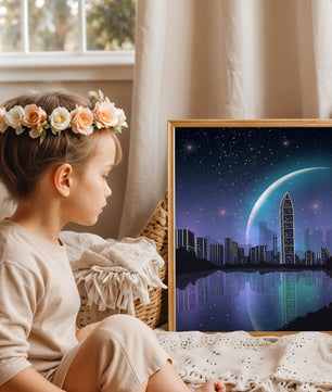 Paisaje urbano futurista bajo un cielo estrellado