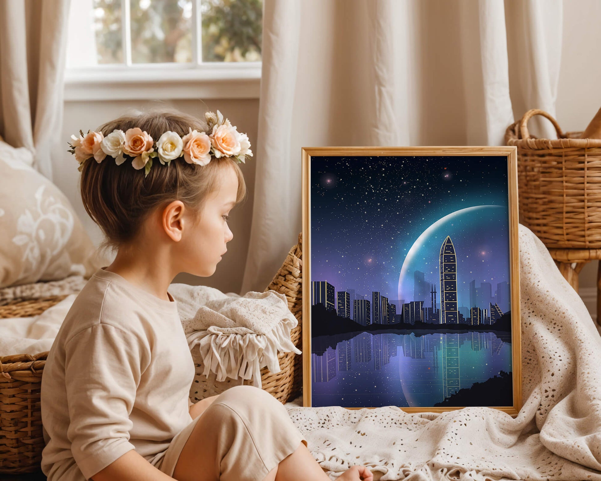 Futuristic cityscape under a starry night sky