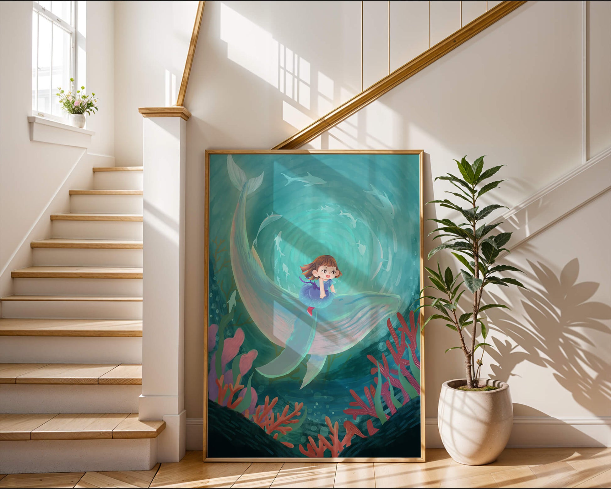 Underwater scene with child and whale surrounded by marine life
