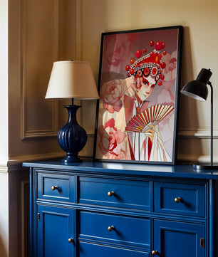 Traditional Asian artwork with floral motifs and ornate headpiece