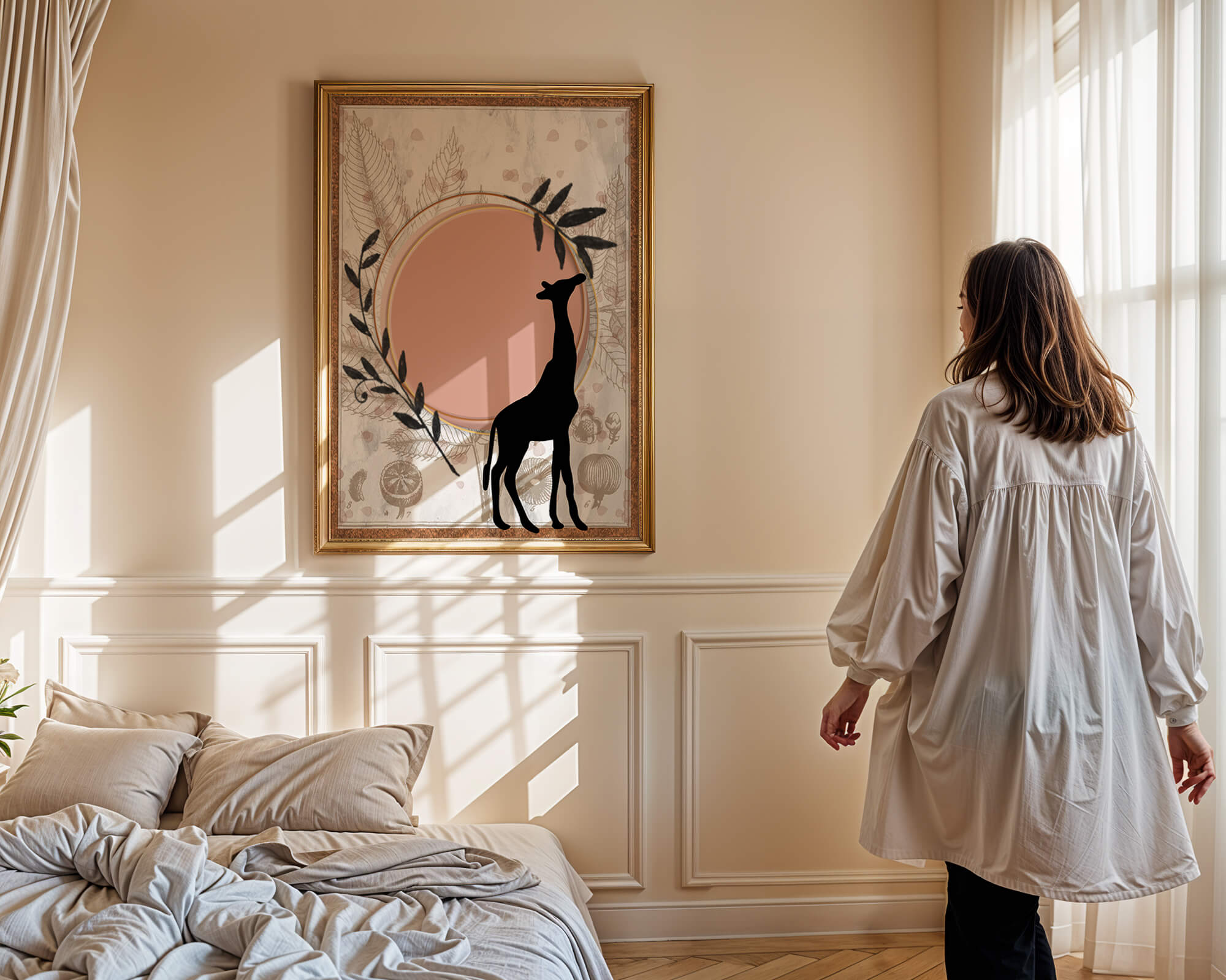 Nature-inspired artwork with giraffe silhouette and botanical elements