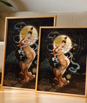 Elegant celestial dancer with gold elements in an ethereal fantasy scene