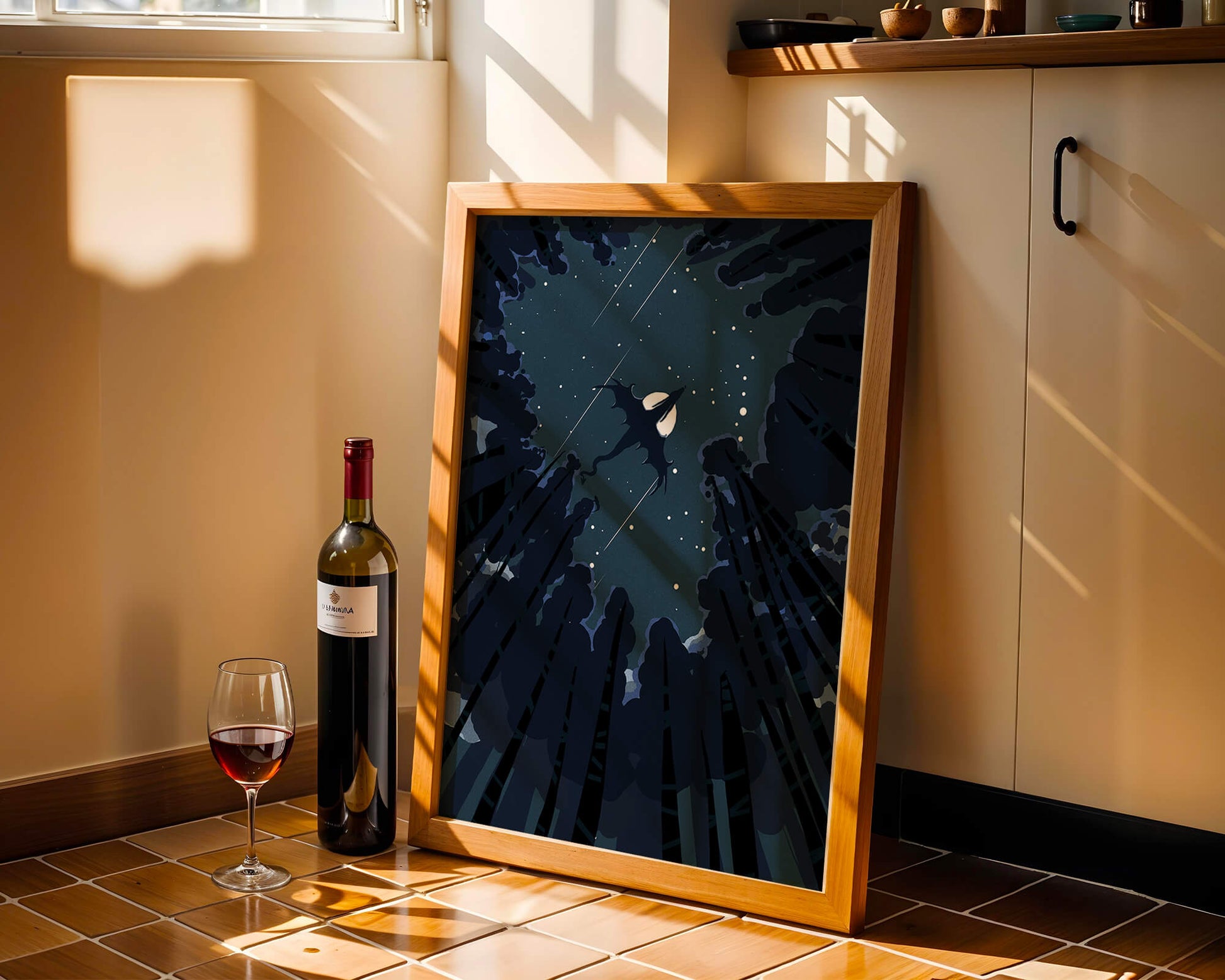 Dragon flying through starry night sky above dark forest
