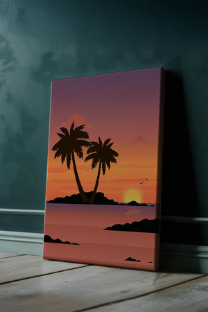 Sunset Over Tropical Island with Palm Trees and Birds - Mi tienda