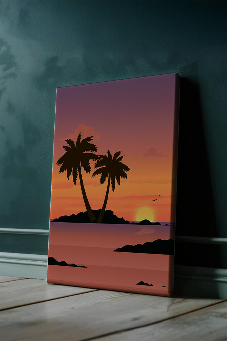 Sunset Over Tropical Island with Palm Trees and Birds - Mi tienda