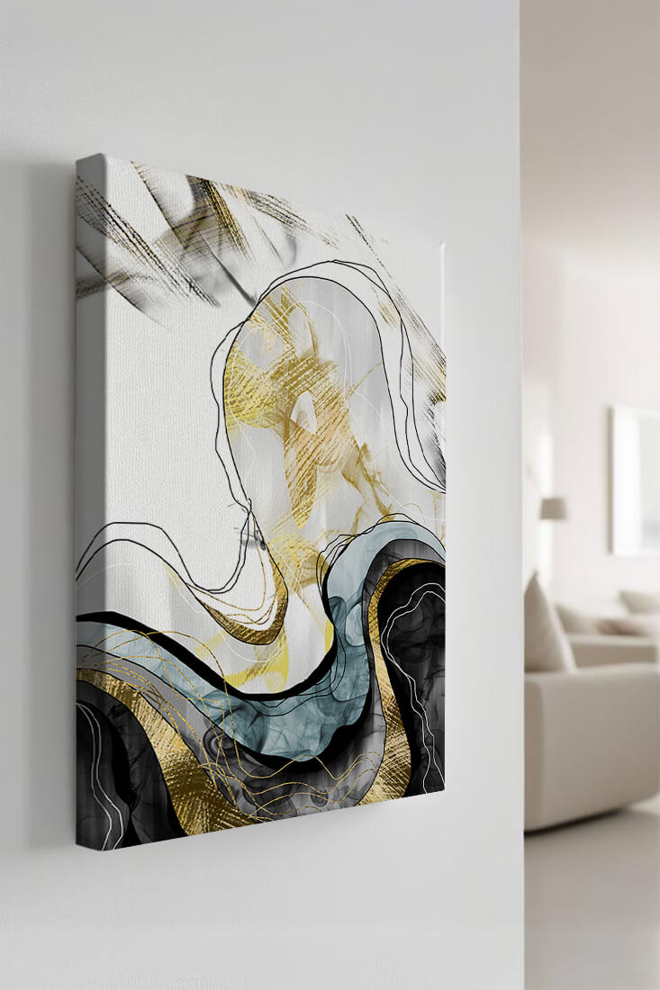 Arte abstracto con líneas fluidas y detalles dorados