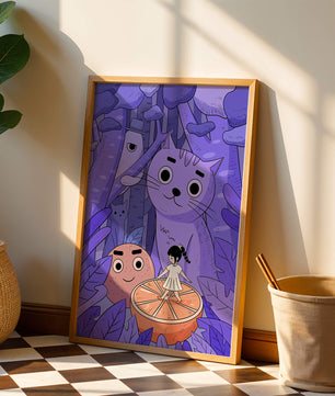 Whimsical forest scene with playful cartoon characters