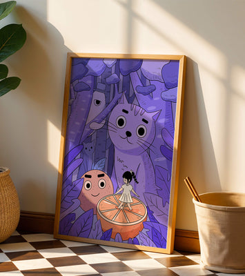 Whimsical forest scene with playful cartoon characters