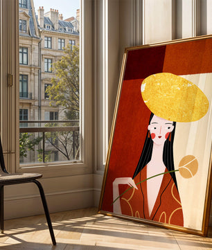 Elegant Woman with a Gold Hat and a Flower on a Red Background - Mi tienda