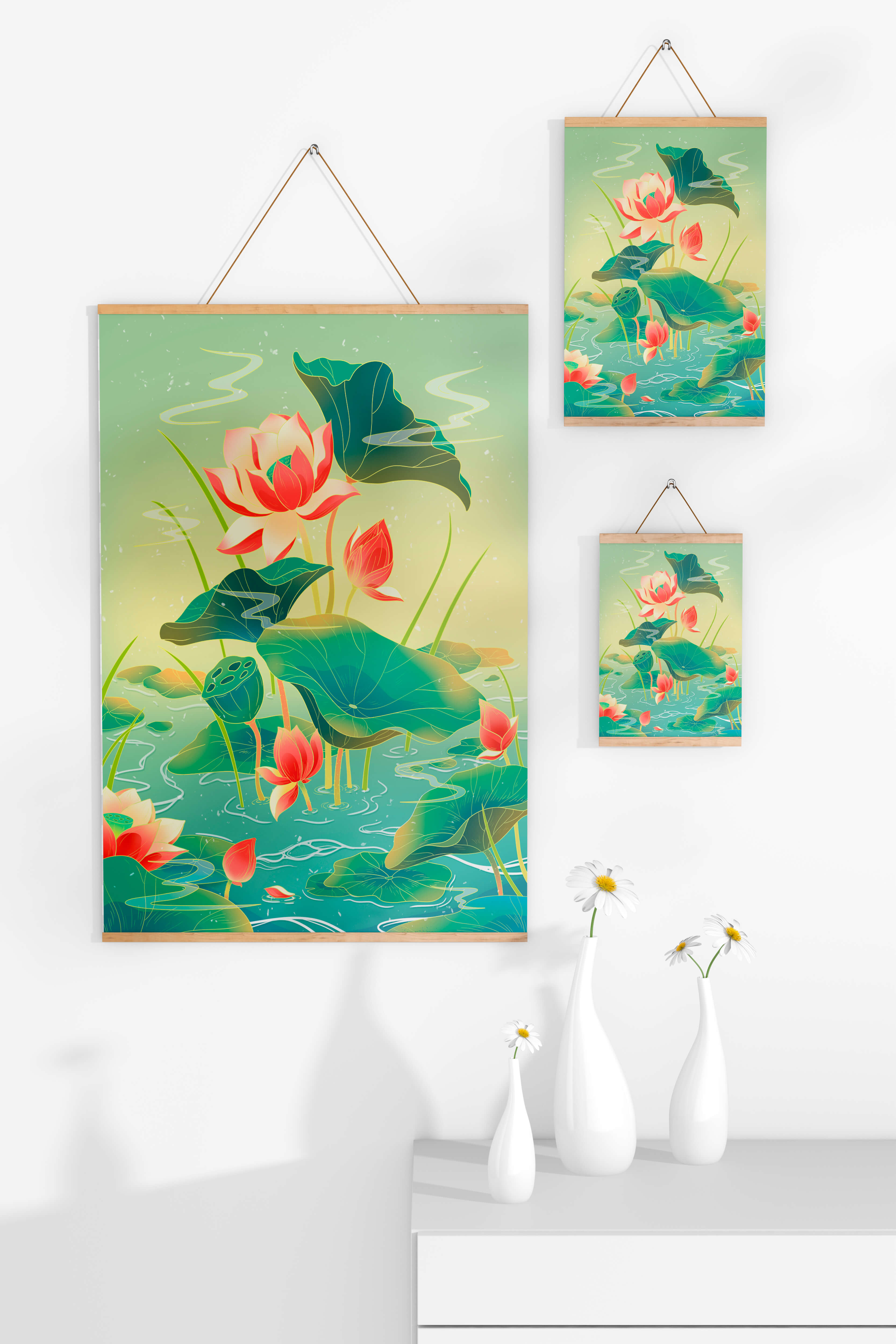 Serene lotus pond with vibrant lilies and lush green leaves
