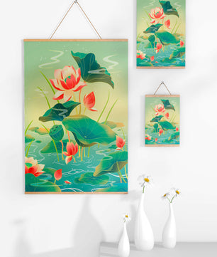 Serene lotus pond with vibrant lilies and lush green leaves
