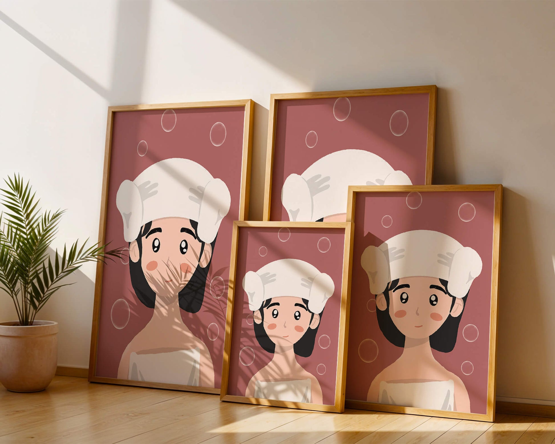 Ilustración de una persona en una toalla con burbujas sobre un fondo rosa