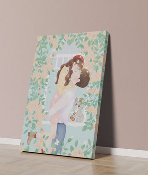 Romantic Kiss Amidst Blooming Flowers And Playful Cat