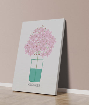 Illustration von Hortensienblüten in einer Vase mit eleganter Linienkunst