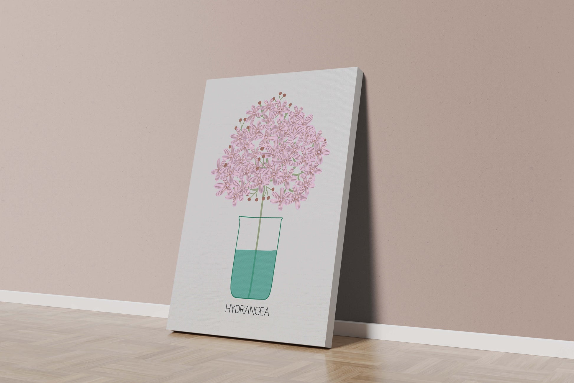 Illustration von Hortensienblüten in einer Vase mit eleganter Linienkunst