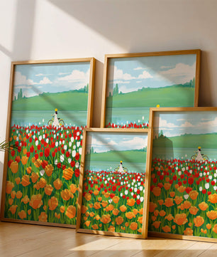 Woman with bicycle in vibrant tulip field by a lake