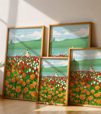 Woman with bicycle in vibrant tulip field by a lake