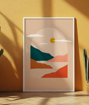 Paysage minimaliste avec montagnes et soleil